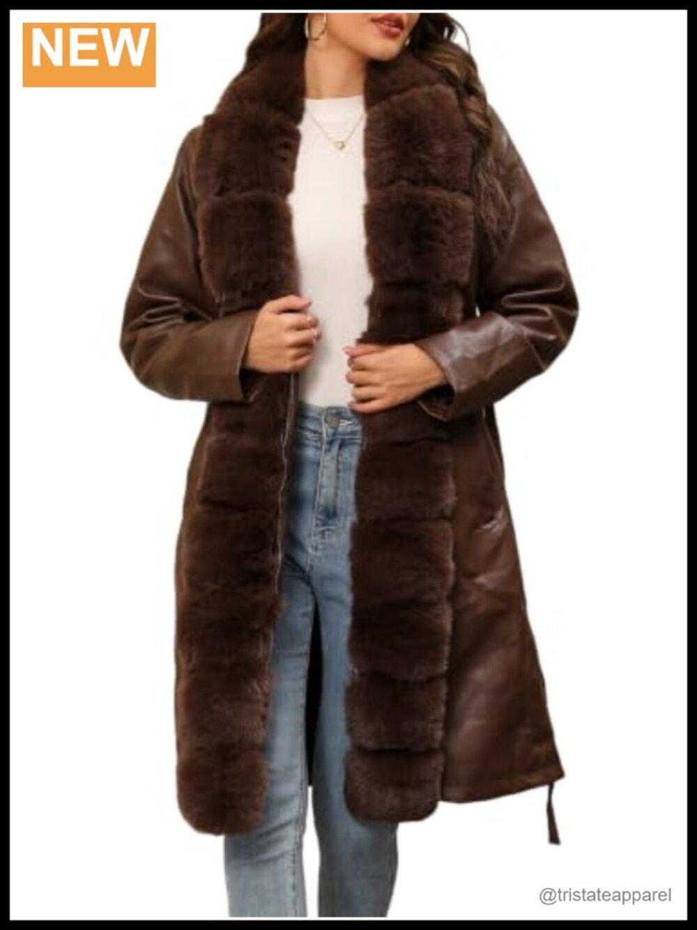 Faux Leather Furry Trim Winter Coat with Waist Tie